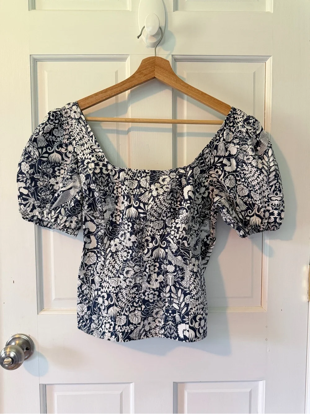 J. Crew Black & White Floral Puff-Sleeve Top